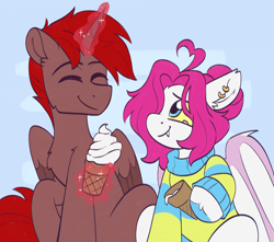 Size: 1696x1500 | Tagged: safe, artist:skysorbett, derpibooru import, oc, oc:hardy, alicorn, bat pony, pony, chest fluff, clothes, duo, ear fluff, ears, eyes closed, female, food, ice cream, looking at each other, looking at someone, magic, male, mare, smiling, stallion, straight, telekinesis