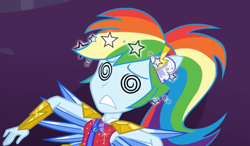 Size: 1016x595 | Tagged: safe, derpibooru import, screencap, rainbow dash, human, better together, equestria girls, g4, super squad goals, circling stars, clothes, crystal guardian, crystal wings, dizzy, female, geode of super speed, gritted teeth, knocked out, magical geodes, ponied up, ponytail, solo, swirly eyes, teeth, wings