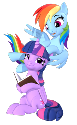 Size: 2160x3500 | Tagged: safe, artist:owlpirate, derpibooru import, rainbow dash, twilight sparkle, twilight sparkle (alicorn), alicorn, pegasus, pony, g4, 3d, book, duo, duo female, female, flying, high res, hoof hold, lesbian, mare, shipping, simple background, sitting, smiling, source filmmaker, transparent background, twidash