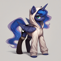 Size: 2048x2048 | Tagged: safe, ai content, derpibooru import, generator:stable diffusion, machine learning generated, princess luna, alicorn, pony, g4, clothes, cute, ear fluff, ears, female, folded wings, full body, generator:autismmix pony, hoodie, horn, kneesocks, looking at you, lunabetes, mare, prompter:liladash, simple background, smiling, smiling at you, socks, solo, standing, wings