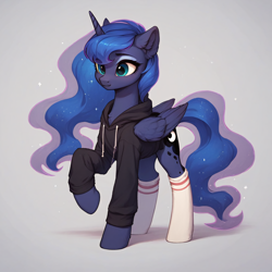 Size: 2048x2048 | Tagged: safe, ai content, derpibooru import, generator:stable diffusion, machine learning generated, princess luna, alicorn, pony, g4, chest fluff, clothes, cute, ear fluff, ears, female, folded wings, generator:autismmix pony, hoodie, horn, lunabetes, mare, prompter:liladash, simple background, socks, solo, standing, wings