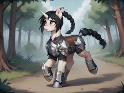 Size: 3248x2448 | Tagged: safe, ai content, derpibooru import, machine learning generated, pony, unicorn, anonymous prompter, armor, baldur's gate, braid, braided tail, clothes, crossover, croupiere, female, generator:autismmix confetti, greaves, horn, looking away, mare, pauldron, peytral, ponified, sabaton (armor), shadowheart, solo, species swap, vambrace, walking