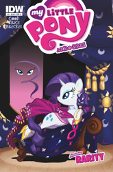 Size: 2063x3131 | Tagged: safe, artist:amy mebberson, derpibooru import, idw, rarity, pony, unicorn, g4, applejack's cutie mark, clothes, comic, comic cover, cover, cover art, cutie mark, fainting couch, female, fluttershy's cutie mark, hoof shoes, horn, mane six cutie marks, mare, micro-series #3, my little pony logo, my little pony micro-series, official, official comic, pinkie pie's cutie mark, rainbow dash's cutie mark, rarity logo, rarity's cutie mark, smiling, tail, twilight sparkle's cutie mark