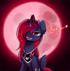 Size: 1920x1932 | Tagged: safe, artist:magnaluna, derpibooru import, princess luna, alicorn, pony, g4, blood moon, blood moon luna, chest fluff, crown, dialogue, fangs, female, full moon, hair over one eye, horn, horn jewelry, horn ring, jewelry, looking at you, mare, modified accessory, moon, open mouth, open smile, peytral, regalia, ring, sitting, smiling, smiling at you, solo, thank you, wings