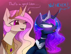 Size: 1600x1214 | Tagged: safe, artist:magnaluna, derpibooru import, princess celestia, princess luna, alicorn, pony, g4, angry, annoyed, blushing, bust, cheek fluff, chest fluff, collar, colored pupils, crossed hooves, crown, curved horn, dialogue, duo, duo female, ear fluff, ears, fangs, female, fluffy, frown, galaxy mane, glare, glowing, glowing eyes, gradient background, horn, implied lesbian, implied twilunestia, jewelry, lidded eyes, looking away, mare, neck fluff, one eye closed, open mouth, open smile, peytral, polyamory, regalia, royal sisters, siblings, simple background, sisters, smiling, white eyes, wink, yelling