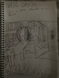 Size: 3024x4032 | Tagged: safe, artist:goldenmidnight, derpibooru import, twinkleshine, bookshelf, entrance, facing away, library, monochrome, newbie artist training grounds, solo, torch, traditional art