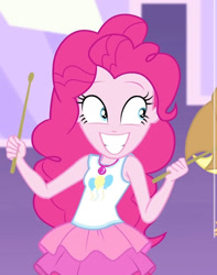 Size: 1125x1428 | Tagged: safe, derpibooru import, screencap, pinkie pie, human, equestria girls, g4, clothes, drumsticks, female, rah rah skirt, skirt, smiling, solo