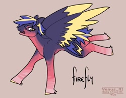 Size: 1453x1120 | Tagged: safe, artist:venus_ai_, derpibooru import, firefly, pegasus, pony, g1, alternate cutie mark, alternate design, alternate hairstyle, blue coat, colored wings, eyelashes, female, mare, pink eyes, pose, raised hooves, raised leg, red coat, signature, simple background, spread wings, tail, title card, two toned mane, two toned tail, two toned wings, unshorn fetlocks, wings, yellow hooves