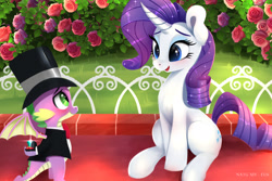 Size: 2400x1600 | Tagged: safe, artist:darksly, derpibooru import, rarity, spike, pony, unicorn, g4, atg 2024, blushing, bush, couple, diamond ring, duo, duo male and female, engagement ring, female, flower, hat, horn, male, mare, newbie artist training grounds, open mouth, open smile, rose, shipping, sitting, smiling, sparity, straight, top hat, winged spike, wings