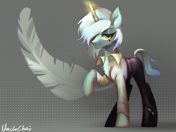 Size: 1080x810 | Tagged: safe, artist:unclechai, derpibooru import, oc, oc only, oc:xin yamei, pony, unicorn, clothes, feather, gradient background, gray background, horn, magic, shadow, simple background, solo, suit