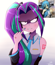 Size: 1734x2034 | Tagged: safe, artist:the-butch-x, derpibooru import, aria blaze, human, equestria girls, g4, angry, ariatsune miku, cross-popping veins, emanata, female, fuck you, gradient background, hatsune miku, middle finger, reference used, solo, vocaloid, vulgar