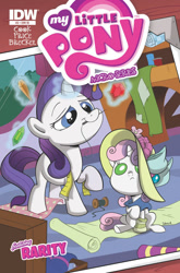 Size: 825x1252 | Tagged: safe, artist:sibsy, derpibooru import, idw, rarity, sweetie belle, pony, unicorn, g4, baby, baby belle, baby pony, baby sweetie belle, comic cover, cover, cover art, fabric, female, filly, filly rarity, foal, gem, glowing, glowing horn, horn, magic, magic aura, micro-series #3, mouth hold, my little pony logo, my little pony micro-series, needle, official comic, raised hoof, raised leg, sewing, spool, tail, variant cover, younger