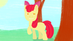 Size: 3840x2160 | Tagged: safe, artist:wissle, derpibooru import, apple bloom, earth pony, pony, g4, anime reference, anya forger, atg 2024, female, filly, foal, heh, high res, looking at you, newbie artist training grounds, smiling, smiling at you, smug, solo, spy x family, sun, tree