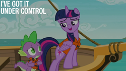 Size: 1920x1080 | Tagged: safe, derpibooru import, edit, edited screencap, editor:quoterific, screencap, spike, twilight sparkle, twilight sparkle (alicorn), alicorn, dragon, pony, g4, ppov, season 6, boat, cloud, duo, duo male and female, female, folded wings, lifejacket, looking at each other, looking at someone, male, ocean, open mouth, outdoors, rope, water, wingless spike, wings