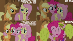 Size: 2000x1125 | Tagged: safe, derpibooru import, edit, edited screencap, editor:quoterific, screencap, applejack, fluttershy, pinkie pie, all bottled up, g4, female, pom pom, trio, trio female