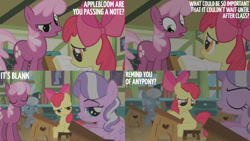 Size: 2000x1125 | Tagged: safe, derpibooru import, edit, edited screencap, editor:quoterific, screencap, apple bloom, cheerilee, diamond tiara, silver spoon, call of the cutie, g4, book, ponyville schoolhouse