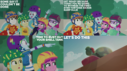 Size: 2000x1125 | Tagged: safe, derpibooru import, edit, edited screencap, editor:quoterific, screencap, gallop j. fry, rainbow dash, tank, better together, equestria girls, g4, sic skateboard, glasses, helmet, skateboard