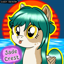 Size: 1980x1986 | Tagged: safe, artist:codenamekid, derpibooru import, oc, oc only, oc:jade crest, pegasus, pony, :p, cute, freckles, grid background, highlights, long mane, looking at you, outrun sun, reflection, shading, solo, spotted, sunset, text, tongue, tongue out, water