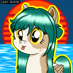 Size: 1980x1986 | Tagged: safe, artist:codenamekid, derpibooru import, oc, oc only, oc:jade crest, pegasus, pony, :p, cute, freckles, grid background, highlights, long mane, looking at you, outrun sun, reflection, shading, solo, spotted, sunset, tongue, tongue out, water