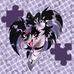 Size: 3000x3000 | Tagged: safe, artist:toxikil, derpibooru import, oc, oc only, oc:blitz chord, pony, unicorn, abstract background, bangs, bust, choker, ear piercing, earring, eye clipping through hair, freckles, glowing, hair tie, horn, horn ring, jewelry, makeup, necklace, nose piercing, open mouth, piercing, ponytail, portrait, ring, smiling, solo, spikes, two toned mane, wingding eyes