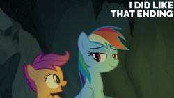 Size: 2000x1125 | Tagged: safe, derpibooru import, edit, edited screencap, editor:quoterific, screencap, rainbow dash, scootaloo, campfire tales, g4, cave, duo, duo female, female