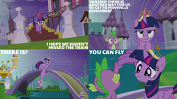 Size: 2000x1125 | Tagged: safe, derpibooru import, edit, edited screencap, editor:quoterific, screencap, spike, twilight sparkle, twilight sparkle (alicorn), alicorn, dragon, pony, g4, princess twilight sparkle (episode), season 4, big crown thingy, canterlot, canterlot castle, duo, duo male and female, element of magic, female, jewelry, male, orrery, regalia, river, running, water, wingless spike