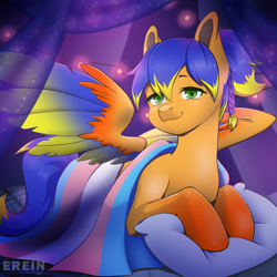 Size: 2000x2000 | Tagged: safe, alternate version, artist:erein, derpibooru import, oc, oc only, oc:solar aura, pegasus, pony, alternate character, bedroom, braid, colored wings, commission, commissioner:solar aura, ears up, flag, garland, green eyes, high res, indoors, lgbt, looking at you, multicolored hair, multicolored tail, night, pegasus oc, pillow, ponytail, pride, pride flag, pride month, room, smiling, smiling at you, solo, spread wings, string lights, tail, transexual pride flag, transgender, transgender oc, transgender pride flag, wings, ych result