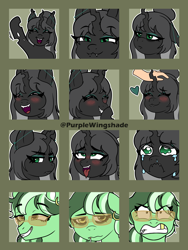 Size: 3000x4000 | Tagged: safe, artist:purple wingshade, derpibooru import, oc, oc only, oc:gold buck, oc:polly, changeling, earth pony, pony, ahegao, angry, blushing, crying, ear piercing, earring, emoji, emotes, exhausted, expressions, eyeshadow, female, happy, heart, jewelry, looking at you, makeup, mare, open mouth, petting, piercing, smug, sunglasses, tired, tongue, tongue out, waving