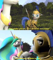 Size: 1920x2160 | Tagged: safe, artist:d0ntst0pme, derpibooru import, princess celestia, alicorn, earth pony, 3d, braveheart, field, forest, gmod, meme, nature, not sfm, royal guard, spear, text, tree, weapon