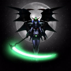 Size: 3600x3600 | Tagged: safe, artist:artemis-polara, derpibooru import, princess luna, vice principal luna, human, equestria girls, g4, armor, beam scythe, breasts, commission, deathscythe hell gundam, glowing, glowing eyes, gundam, gundam deathscythe hell custom, gundam wing, mecha musume, moon, scythe, solo, space, underboob, wings