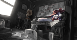 Size: 5852x3098 | Tagged: safe, artist:musical ray, derpibooru import, rarity, pony, unicorn, book, box, conspiracy board, desk, detective rarity, digital art, gramophone, horn, picture frame, room, sitting, solo, window