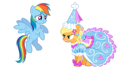 Size: 1920x1080 | Tagged: safe, artist:bobsicle0, derpibooru import, applejack, rainbow dash, earth pony, pegasus, g4, look before you sleep, angry, applejack is not amused, clothes, cute, dress, duo, duo female, ear piercing, female, flower, flower in hair, froufrou glittery lacy outfit, glare, gritted teeth, hat, hennin, jackabetes, jewelry, laughing, piercing, princess applejack, simple background, teeth, transparent background, unamused