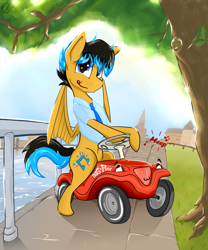 Size: 4354x5227 | Tagged: safe, artist:bumskuchen, derpibooru import, oc, oc:starbass, pegasus, pony, absurd resolution, bobbycar, car, clothes, looking at you, solo, vehicle