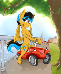 Size: 4354x5227 | Tagged: safe, alternate version, artist:bumskuchen, derpibooru import, oc, oc:starbass, pegasus, pony, absurd resolution, bobbycar, car, looking at you, solo, verhicle