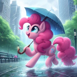 Size: 1024x1024 | Tagged: safe, ai content, derpibooru import, machine learning generated, pinkie pie, earth pony, g4, city, female, happy, prompter:pinkiepiepics, rain, street, tree, umbrella