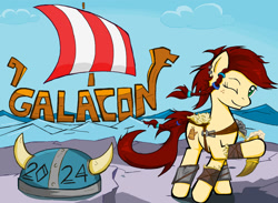 Size: 1280x939 | Tagged: safe, artist:sallycars, derpibooru import, oc, oc only, oc:canni soda, earth pony, pony, alcohol, alternate hairstyle, beer, braid, drink, drinking horn, female, galacon, galacon 2024, helmet, horned helmet, leg wraps, mare, ocean, one eye closed, solo, viking, viking helmet, water