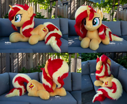 Size: 2200x1800 | Tagged: safe, artist:meplushyou, derpibooru import, sunset shimmer, pony, unicorn, commission, female, horn, irl, life size, mare, photo, plushie, smiling, sofa, solo