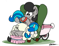 Size: 1848x1448 | Tagged: safe, artist:bobthedalek, derpibooru import, dj pon-3, vinyl scratch, oc, oc:mixed melody, oc:octavia's mother, earth pony, pony, unicorn, g4, alternate hairstyle, apron, atg 2024, baby carriage, brush, chair, clothes, duo, duo female, female, frown, hairbrush, horn, mothers gonna mother, newbie artist training grounds, smiling, wavy mouth