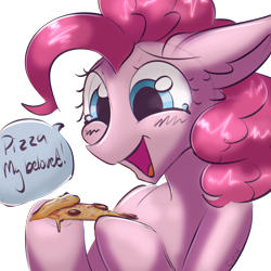 Size: 2048x2048 | Tagged: safe, artist:cupute, derpibooru import, pinkie pie, earth pony, pony, admiration, admiring, blushing, chromatic aberration, crying, cute, diapinkes, food, happy, holding, looking down, meme, pizza, shiny mane, silly, silly pony, smiling, tears of joy