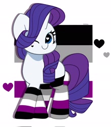 Size: 1794x2048 | Tagged: safe, artist:kittyrosie, derpibooru import, rarity, pony, unicorn, asexual, asexual pride flag, clothes, cute, eyeshadow, face paint, female, heart, horn, makeup, mare, missing cutie mark, one eye closed, pride, pride flag, pride month, pride socks, raribetes, simple background, socks, solo, striped socks, white background, wink