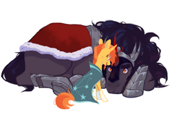 Size: 1200x800 | Tagged: safe, artist:bananasmores, derpibooru import, king sombra, sunburst, pony, unicorn, g4, duo, gay, horn, looking at each other, looking at someone, lying down, male, prone, shipping, simple background, sitting, size difference, somburst, stallion, white background