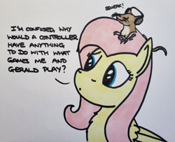 Size: 2048x1660 | Tagged: safe, artist:hoofclid, derpibooru import, fluttershy, mouse, pegasus, pony, g4, bait and switch, chest fluff, dialogue, female, headphones, mare, marker drawing, solo, traditional art