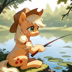 Size: 2800x2800 | Tagged: safe, ai content, derpibooru import, machine learning generated, applejack, earth pony, pony, g4, female, fishing rod, generator:tponynai3, head turn, hoof hold, lake, mare, prompt in description, prompter:derp621, side view, sitting, smiling, solo, water