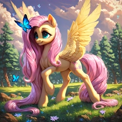 Size: 4480x4480 | Tagged: safe, ai content, derpibooru exclusive, derpibooru import, generator:pony diffusion v6 xl, generator:stable diffusion, machine learning generated, fluttershy, butterfly, pegasus, pony, g4, beautiful, cloud, cloudy, cute, cute smile, cutie mark, day, daylight, detailed hair, ears up, eyelashes, feathered wings, female, flower, forest, grass, large wings, long hair, long mane, long tail, looking at something, mare, nature, nostrils, outdoors, pegasus wings, pink mane, pink tail, prompter:simaxelri, raised hoof, raised leg, rock, shadow, sky, smiling, solo, spread wings, standing, tail, teeth, three quarter view, tree, wholesome, wings