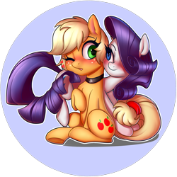 Size: 600x600 | Tagged: safe, artist:captainpudgemuffin, artist:jumblehorse, applejack, rarity, earth pony, pony, unicorn, collaboration, alternate hairstyle, blushing, collar, female, lesbian, mare, one eye closed, pixie cut, rarijack, shipping, short hair, sitting, tail seduce, white outline