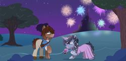 Size: 4629x2267 | Tagged: safe, artist:okimi, derpibooru import, oc, oc only, oc:lucid waves, oc:moonheart, earth pony, unicorn, background, braid, bush, castle, clothes, cosplay, costume, couple, disney, disney character, disney princess, dress, duo, duo male and female, earth pony oc, female, fireworks, head chain, horn, jewelry, looking at each other, looking at someone, male, marriage proposal, moon, night, night sky, oc x oc, outfit, ring, shipping, sky, smiling, smiling at each other, stars, tangled (disney), tree, unicorn oc