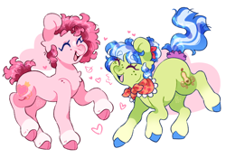 Size: 2048x1430 | Tagged: safe, artist:cocopudu, derpibooru import, oc, oc only, oc:noble mercy, oc:pearly seedling, earth pony, pony, bangs, beauty mark, blue hooves, blue mane, blue tail, chest fluff, coat markings, colored eyebrows, colored eyelashes, colored hooves, colored muzzle, concave belly, couple, curly hair, curly mane, curly tail, duo, duo female, ear fluff, ears, earth pony oc, emanata, eyebrows, eyebrows visible through hair, eyelashes, eyes closed, facial markings, female, floating heart, freckles, heart, heart background, hoof fluff, hooves, jumping, lesbian, mare, mare oc, mole, oc x oc, open mouth, open smile, pink coat, pink eyelashes, pink hooves, pink mane, pink tail, purple eyelashes, raised hoof, raised leg, scrunchie, shawl, shipping, short mane, short tail, simple background, smiling, snip (coat marking), socks (coat marking), standing, tail, tied mane, tied tail, two toned mane, two toned tail, watermark, white background