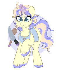 Size: 950x1220 | Tagged: safe, artist:lulubell, derpibooru import, oc, oc only, oc:chiffonade charm, unicorn, apron, chef, clothes, female, horn, knife, mare, simple background, solo, spoon, white background