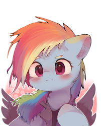 Size: 1546x1920 | Tagged: safe, artist:柏雪闻采edge_, derpibooru import, rainbow dash, pegasus, pony, g4, blushing, clothes, cute, dashabetes, ear fluff, ears, female, mare, solo, spread wings, wings