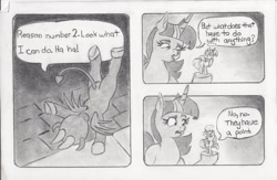 Size: 2000x1301 | Tagged: safe, artist:nedemai, derpibooru import, twilight sparkle, twilight sparkle (alicorn), alicorn, angel, pony, atg 2024, butt, comic, devil, dialogue, female, grayscale, handstand, mare, monochrome, newbie artist training grounds, pencil drawing, plot, shoulder angel, shoulder devil, speech bubble, the emperor's new groove, traditional art, trio, twibutt, upside down